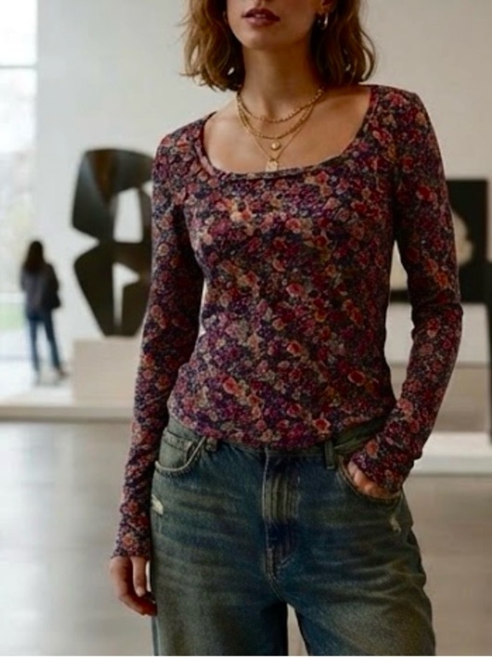 Natural Life Floral Velvet Scoop Neck Long Sleeve Top L Mermaid Whimsygoth